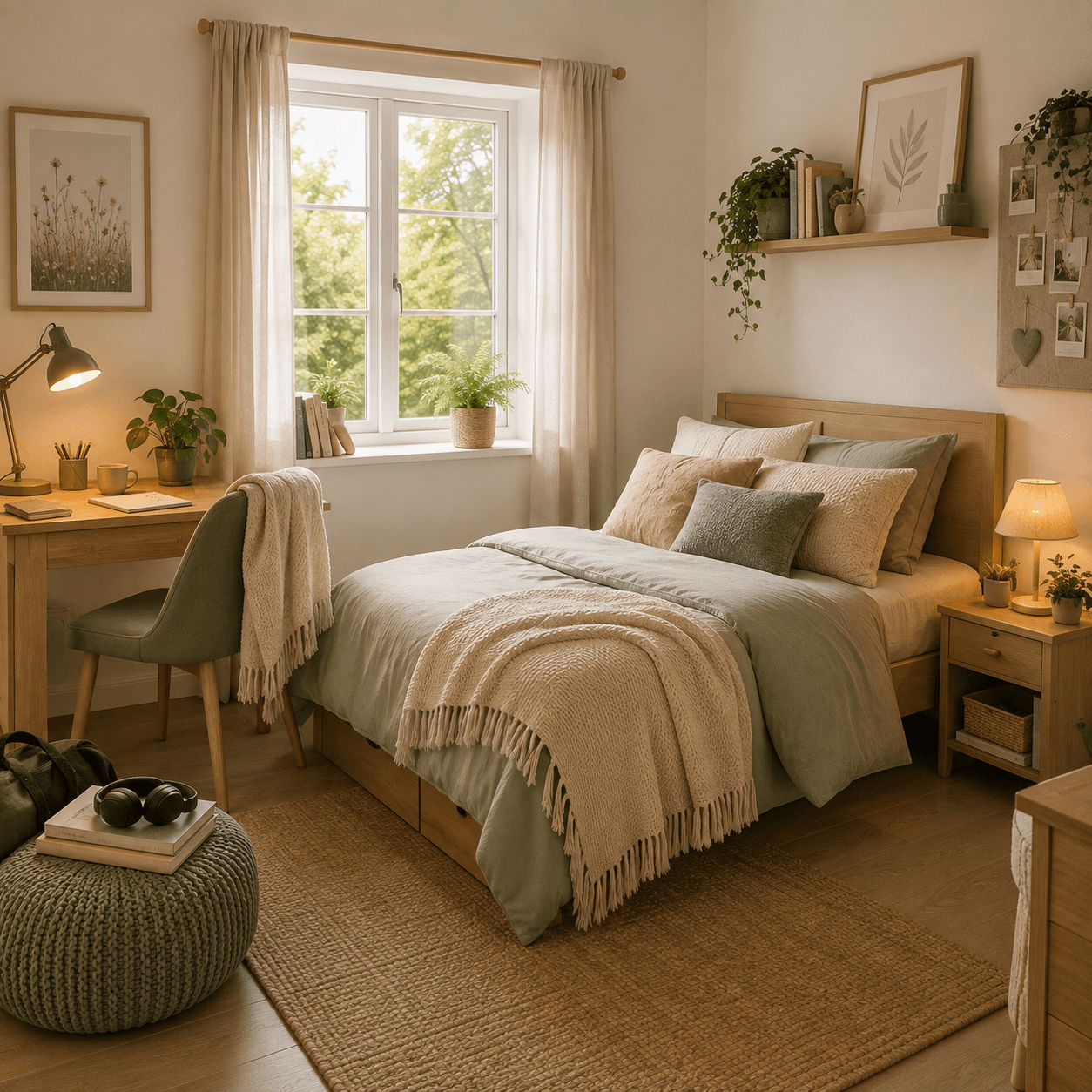 A warm, personalised bedroom with sage and natural wood details